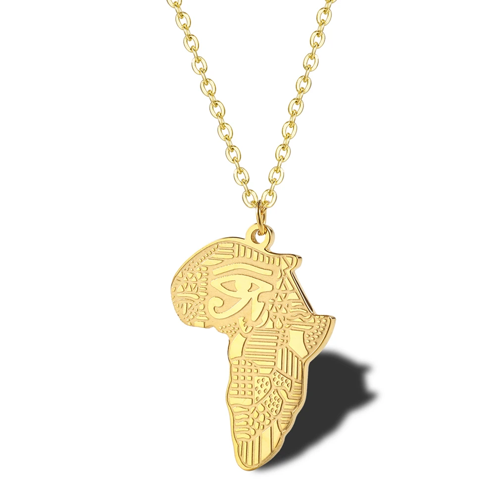 Ancient Egyptian Sign Jewelry Stainless Steel 18k Gold Plated Eye of Horus Africa Map Necklace