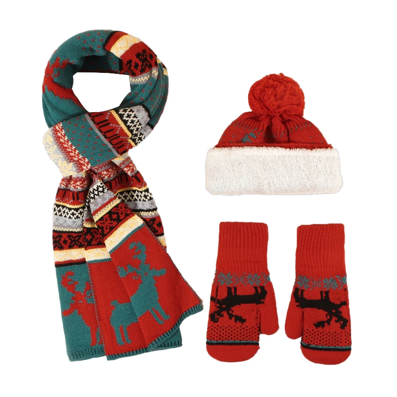 Wholesale knitted red christmas jacquard kids winter beanie hats cap and gloves and scarf sets