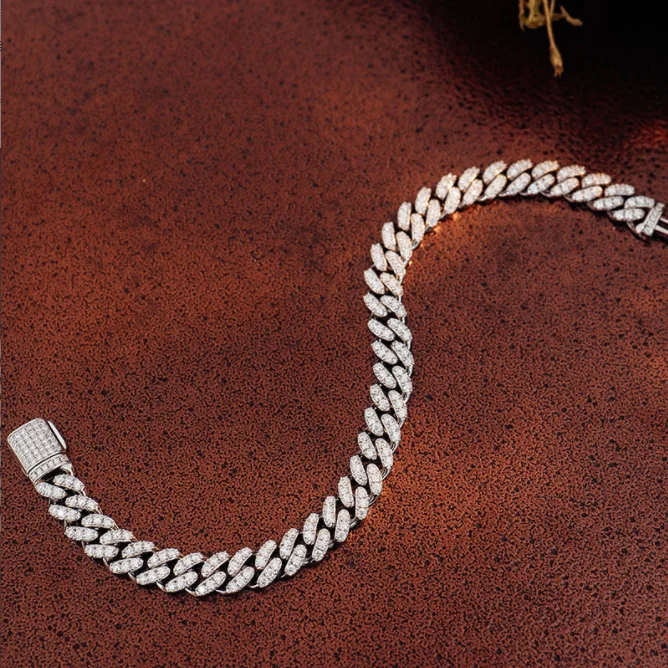 Hip Hop Silver Moissanite Cuban Link Bracelet 6mm 8mm Width Vvs Loose Diamond Iced Out Cuban Chain