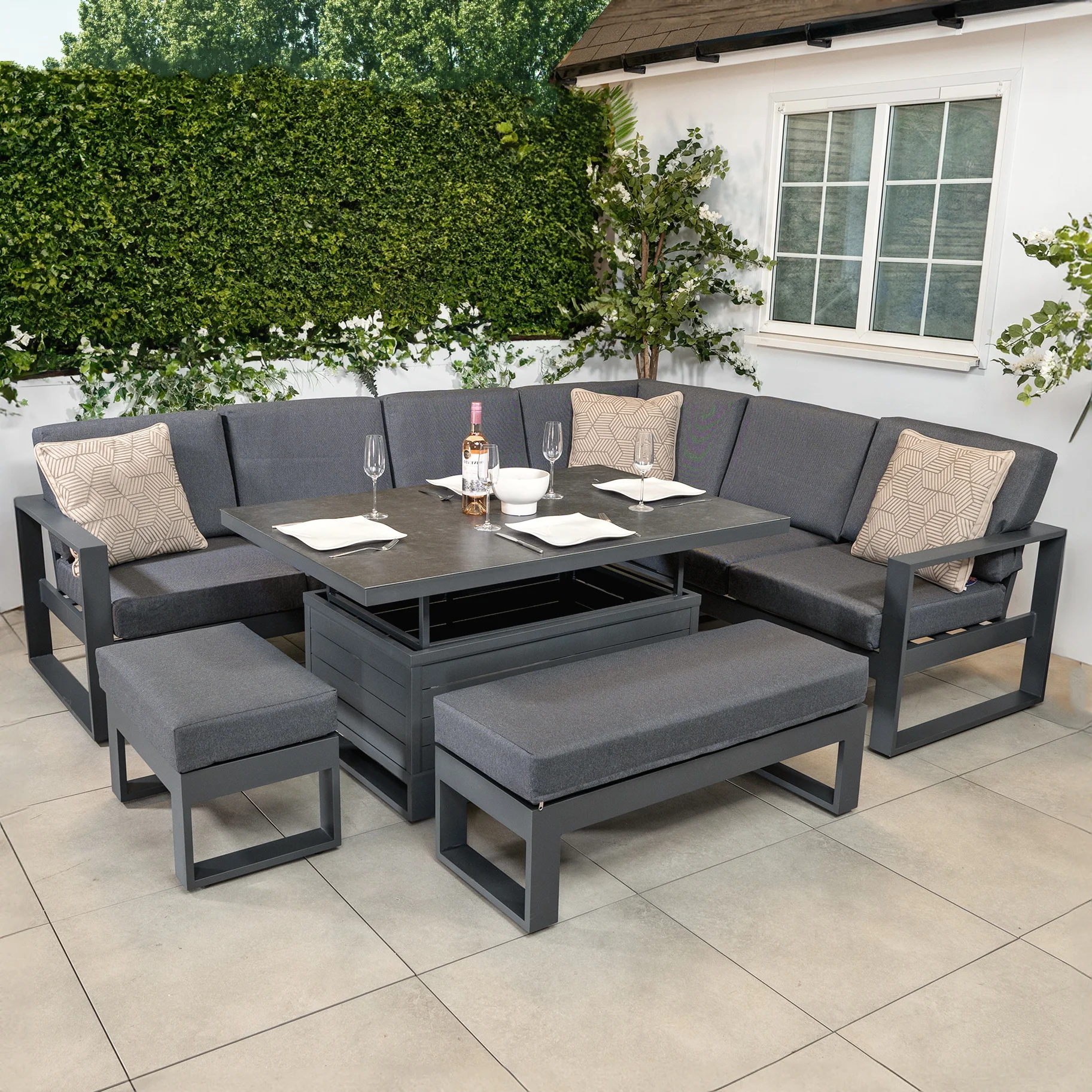 AJUNION L Shaped Corner Sofa Garden Furniture Aluminium Lounge Dining Set Outdoor Furniture with Adjustable Rising Table