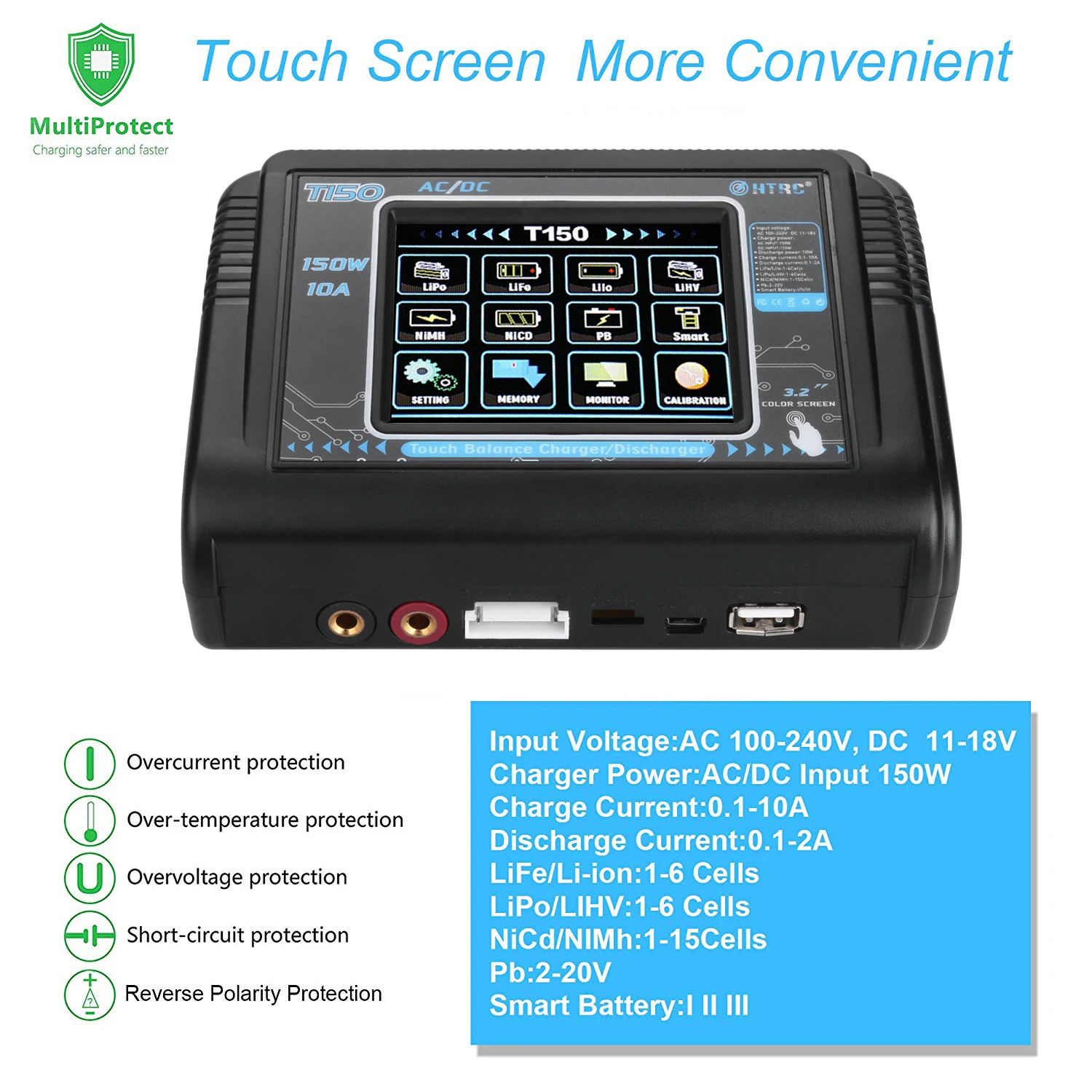 Hot HTRC T150 AC/DC RC Lipo Balance Smart Charger Discharger 150W 10A Touch Screen for LiPo LiHV LiFe Lilon NiCd NiMh Pb Battery
