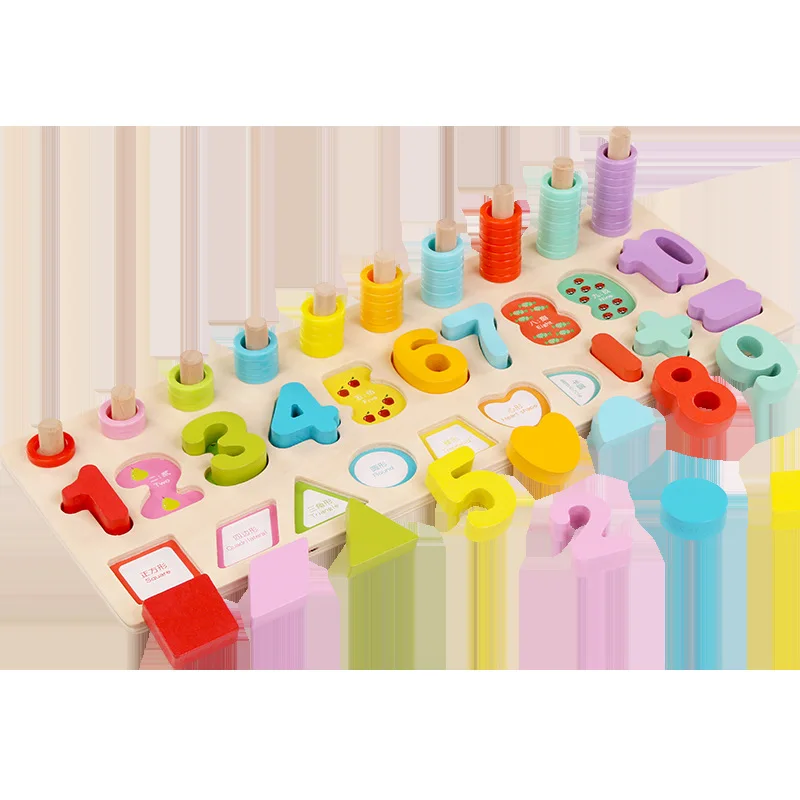 Early childhood education abacus digital shape matching board wooden jigsaw puzzle building block toy