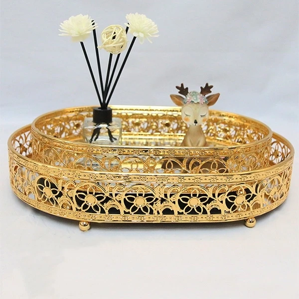 2 Pcs/set Round Rectangle Arabic Eid Mubarak Chocolate Food Dessert Cake Tray Engraved Ramadan Decorations Metal Ramadan Tray