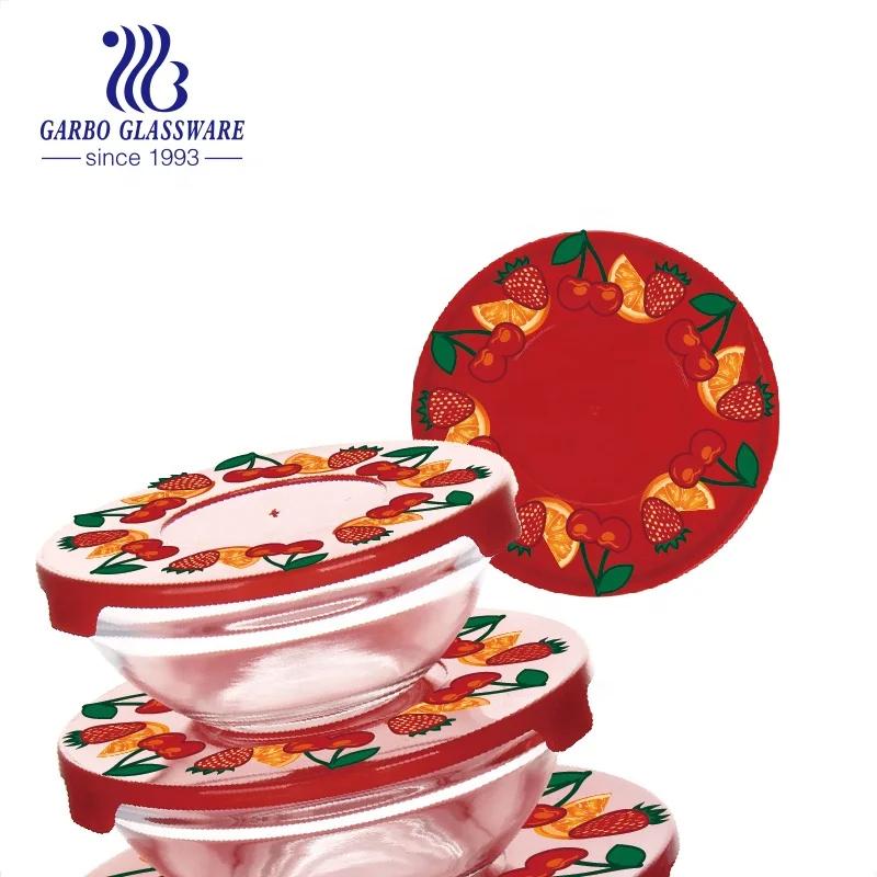 Popular Cheap Price 5pcs Glass Bowl Set 5 Sizes Glass Salad Bowl with Customized Printed Lid Kitchen Food Serving Glass Bowl