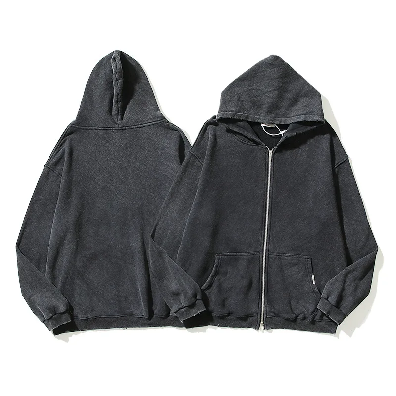 H5342 High Quality Low OEM MOQ Custom Distressed Washed Hoodies Oversized Zip Up Hoodies
