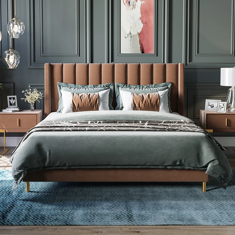 Легкая Роскошная бархатная стеганная кровать с обивкой, кровать большого размера, кровать большого размера, домашняя мягкая кожаная кровать с изголовьем кровати, мебель