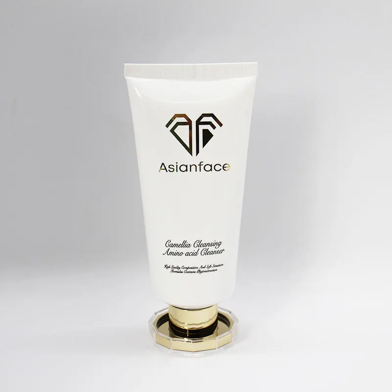 Custom new design acrylic polygon cosmetic tube facial cleanser cream plastic cosmetic tube with gold lid for facial cleanser