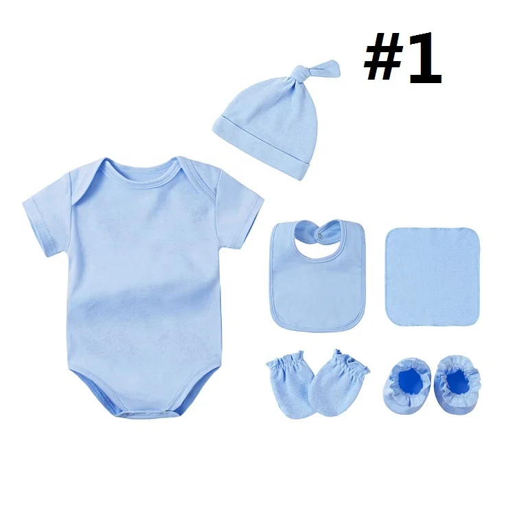Custom Logo Newborn baby cotton clothes hat bibs socks mittens short sleeve baby romper set
