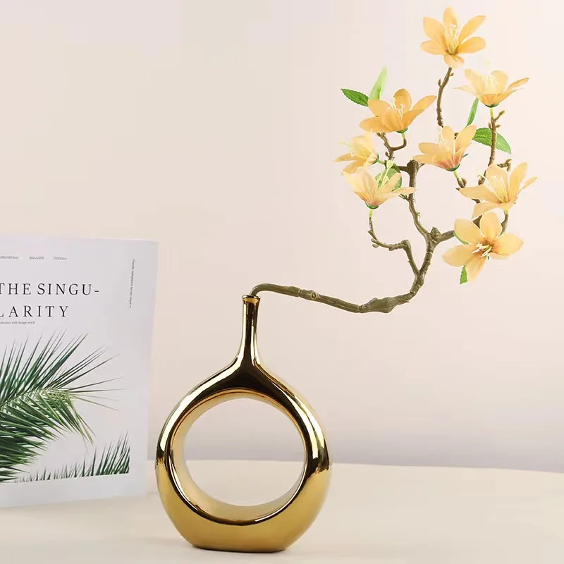 2023 Cross-border exclusive gold silver black jade ring ceramic vase decoration modern simple fashion hollow oval vase