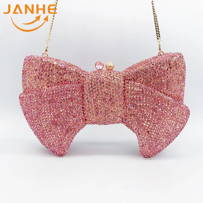 Janhe 2022 Luxury boutique Bags Women Crystal Rhinestone Bow Handbag Party Clutches Wedding Bowknot Purse Evening Bags