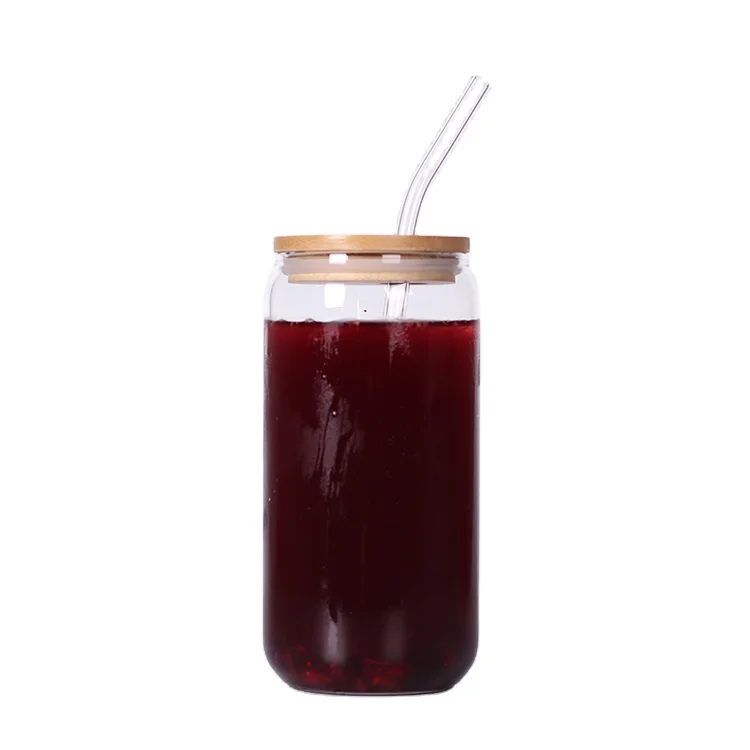 Hot Sale Customize High Borosilicate Single Wall Cola Glass Cup with Bamboo lid and Straw