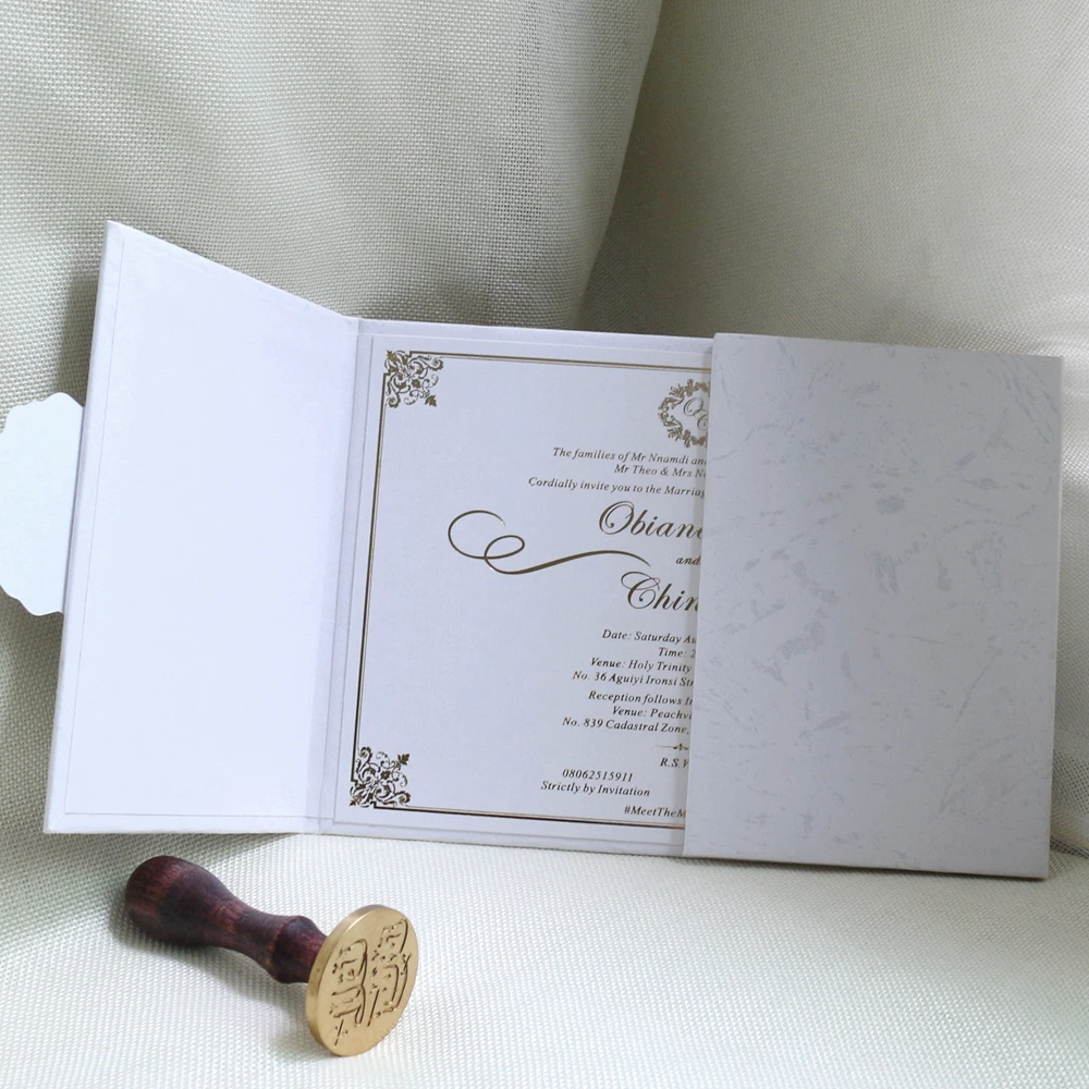 White Color Tag Decoration Gatefold Hardcover Invitations Wedding Invite with Pocket