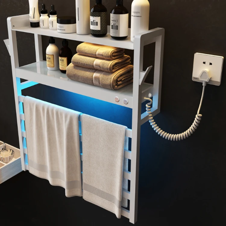 Modern Bathroom Electric Heated Towel Rack with Shelf Electric Towel Radiator with Storage Rack Heating Drying Towel Warmer