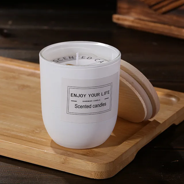 Simple Straight Sided Round Bottom Matte White Candle Jar with Wood Lid and Box Packing for Candle Making