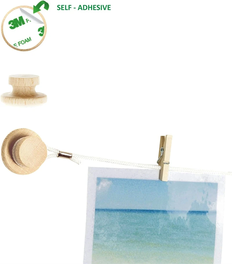 Strings with 30 Clips Self Adhesive Hooks Hanging Photo Display Room Wall Decor Sculptural Picture Frames Collage