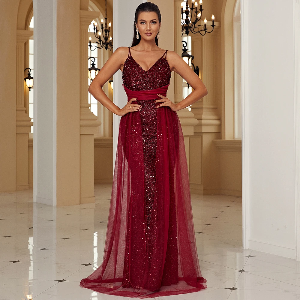 Missord Contrast Sequin Mesh Overlay Formal Sequins Evening Dress In Red Gowns For Women