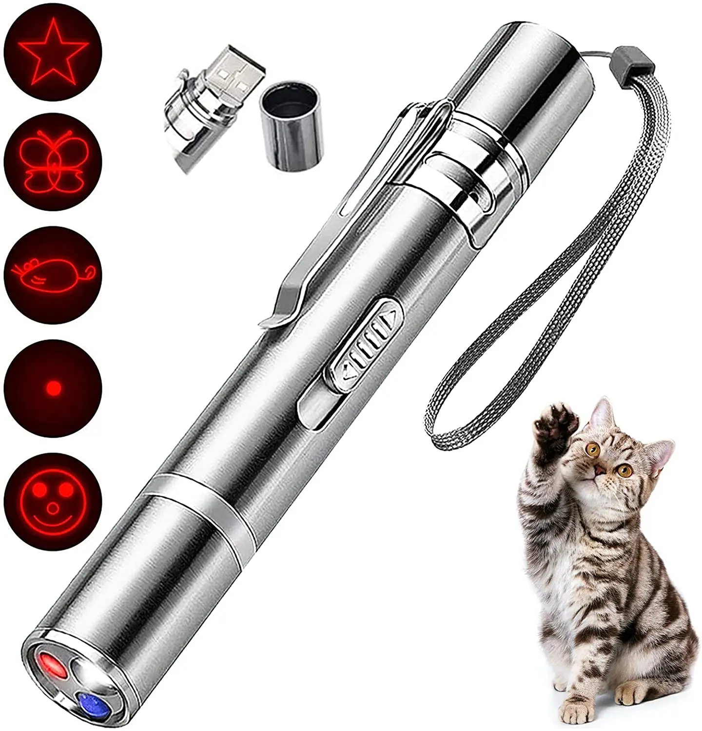 Ручные игрушки для домашних животных, 3 режима, USB перезаряжаемые мыши дальнего действия и котенок, интерактивные 5 узоров, красный указатель, фонарик
