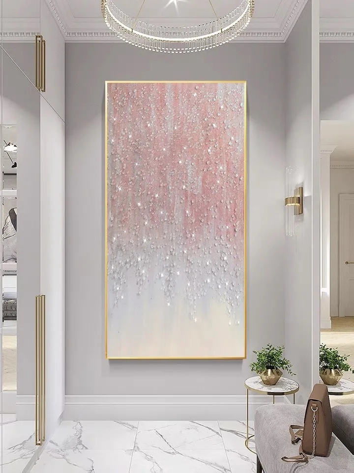 Large Handmade Modern Bright 3D Pink Abstract Artwork Home Decor Oil Painting with Crystal on Canvas