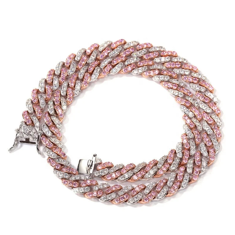 Fashion bling jewelry cz cubic zirconia pink diamond women cuban link chain necklace