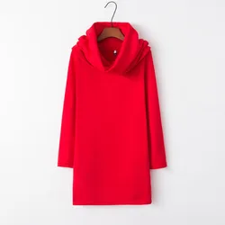 European and American fashion autumn and winter new solid color pile collar hooded bag hip long sleeve head warm dress