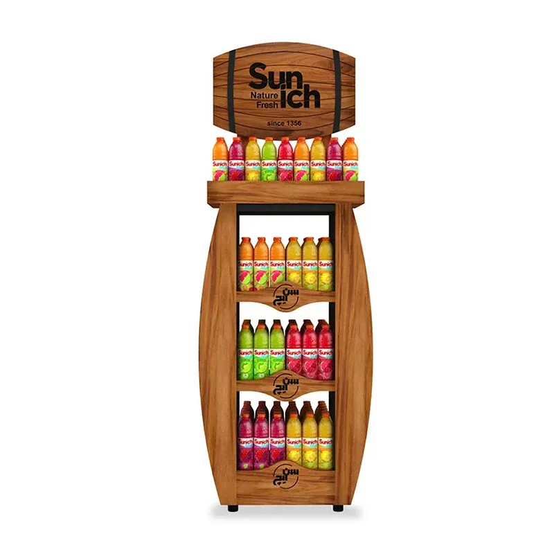 Customized furniture manufacturer, wooden supermarket retail beverage beer bottle display rack, juice beverage can display rack