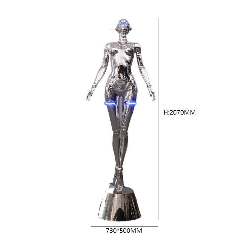 2023 New Design Women Mannequin Decor Shop Ornaments Polished Metallic Surface Sexy Robot Punk Goddess Sculpture Floor Lamp