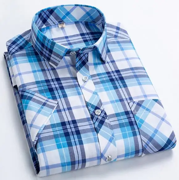2021 2022 hot selling male men western style short sleeves blue tartan check plaid shirt
