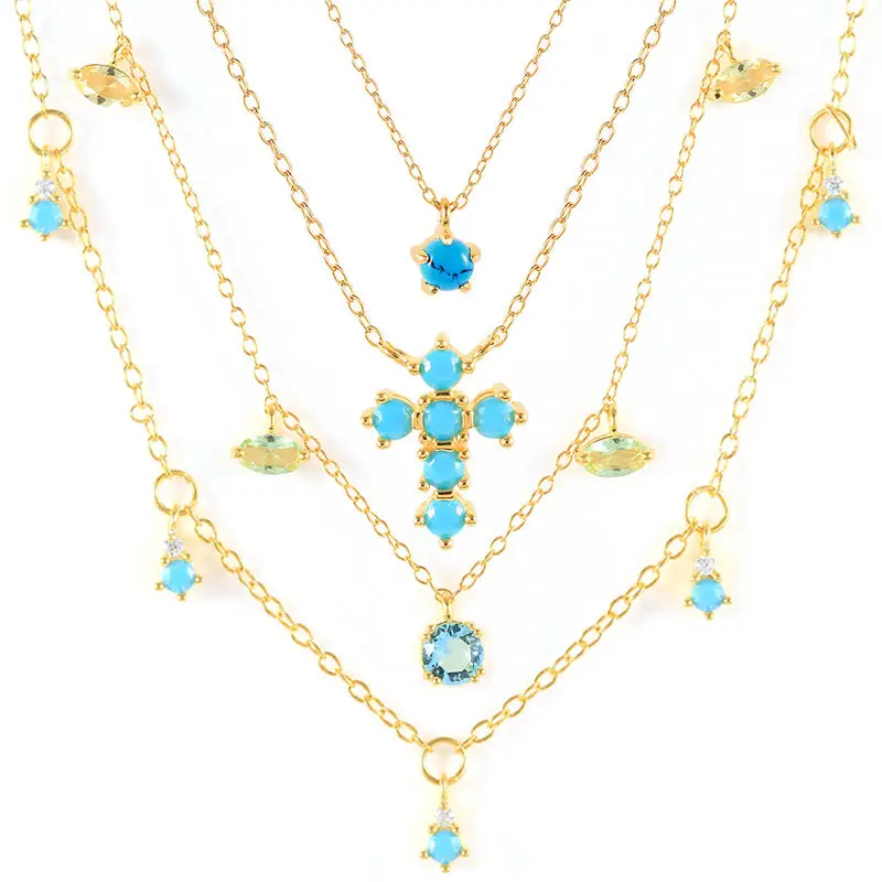Fashion 925 sterling silver geometric cross shape turquoise colored zircon pendant gold plated necklaces for women