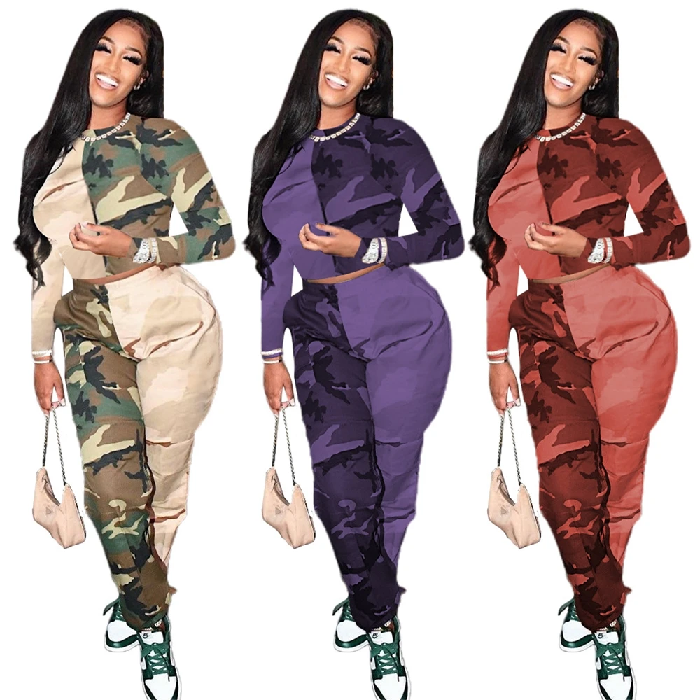 2021 New Female Outfits Long Sleeve Camo Patchwork Jog Pants Fall Women Clothing Two Piece Set