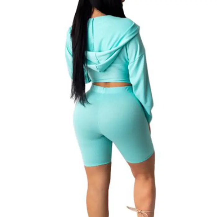 Custom Logo two piece set tracksuit women bike sports clothing Long sleeve Cropped hoodie shorts set women