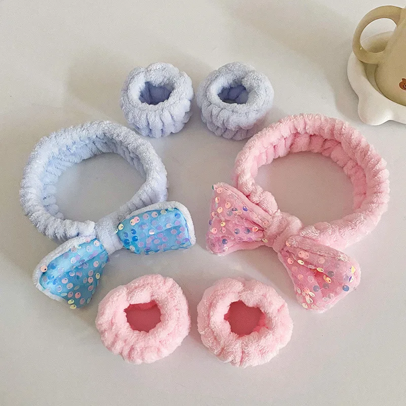 OEM Korean Sequined Bow Hair Ties Wristband Flannel Wide Brim Plush Elastic Hair Bands Women Face Wash Headbands Wrist Band