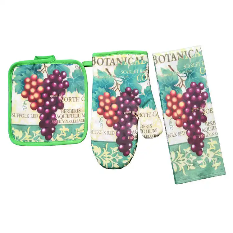 grapes pattern printed cotton pot holder oven mittens custom kitchen towel set