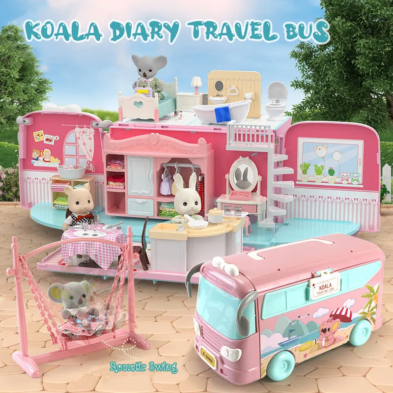 Educational children plastic play house toys set DIY touring bus furniture toys mini Pink Princess RV house toys for girls