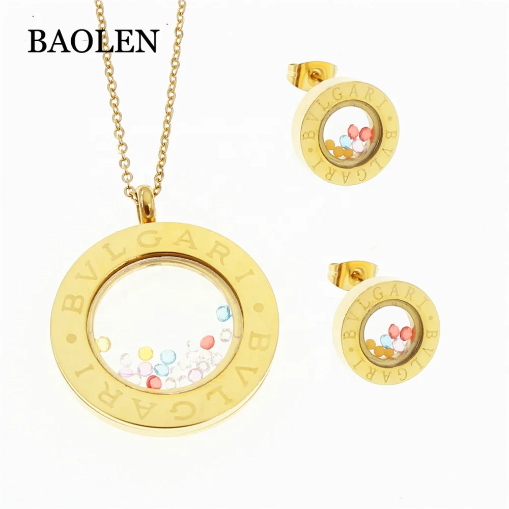 Fashion Latest Women Jewelry Sets Wholesale colorful Rhinestone pendant Stainless Steel  Necklace earrings
