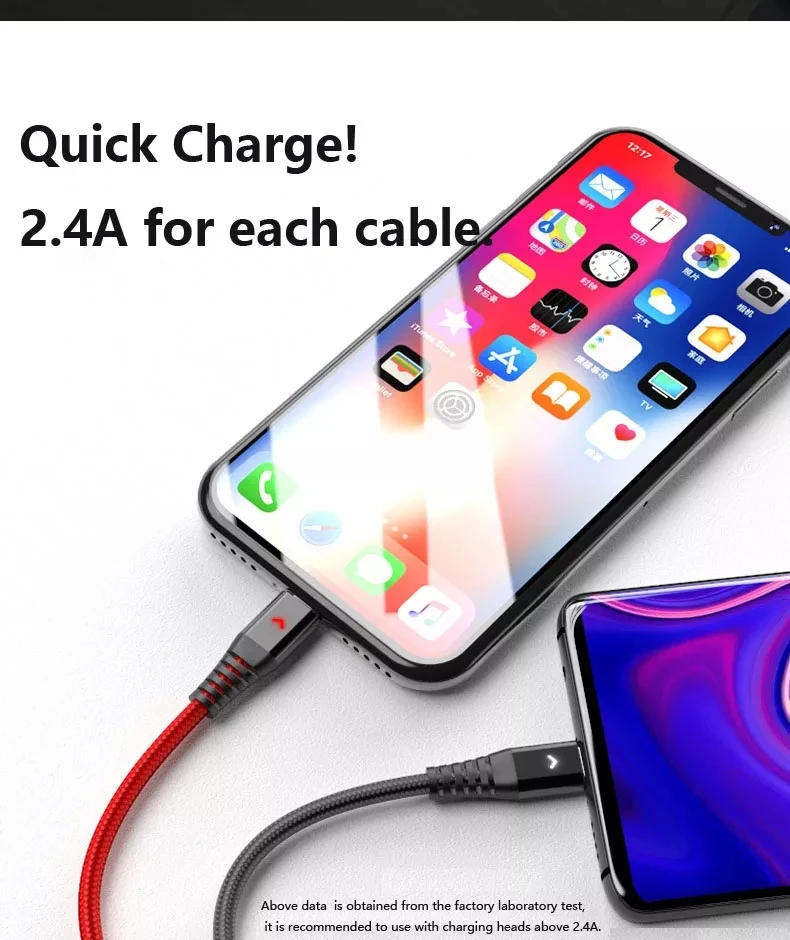 2022 mobile phone charger 2.4A fast charging cable for lighting Micro USB Type C 8pin 3 in 1 usb cable