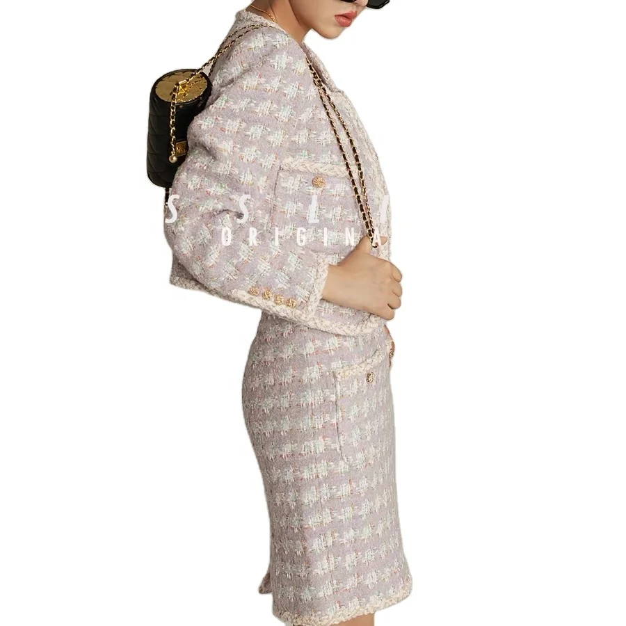 ESSLIFE Ladies Wholesale Custom Designers Manual Jacquard weave Lace Jacket Skirt Fancy suiting Suit