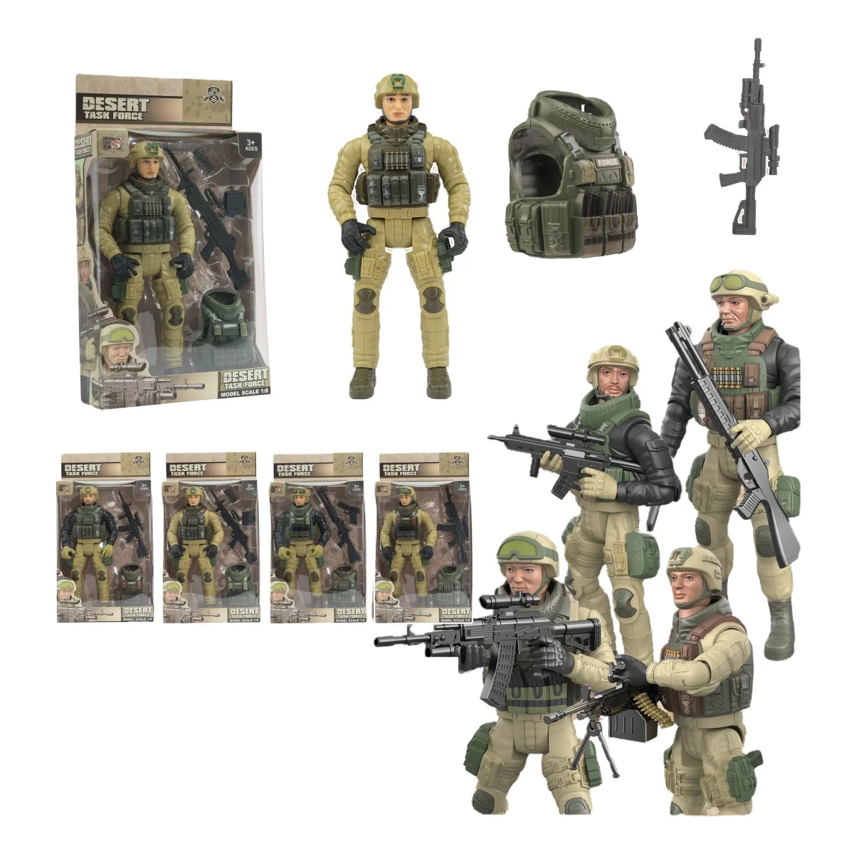 1:8 Model Scale 4 styles Desert Task Force with Vests and weapons Action Figure Set for Simulate strategy battles Kids 3+