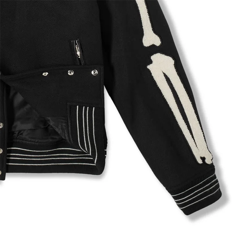 Custom 75% Wool embroidery bones logo leather pocket letterman varsity jacket for men