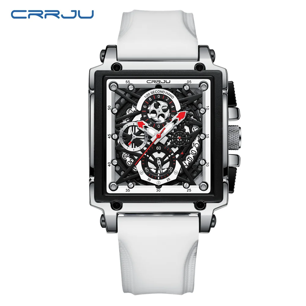 CRRJU original factory Luxury Hollow Square Watch Men Fashion Silicone Strap Waterproof Quartz Wrist Watch orologi