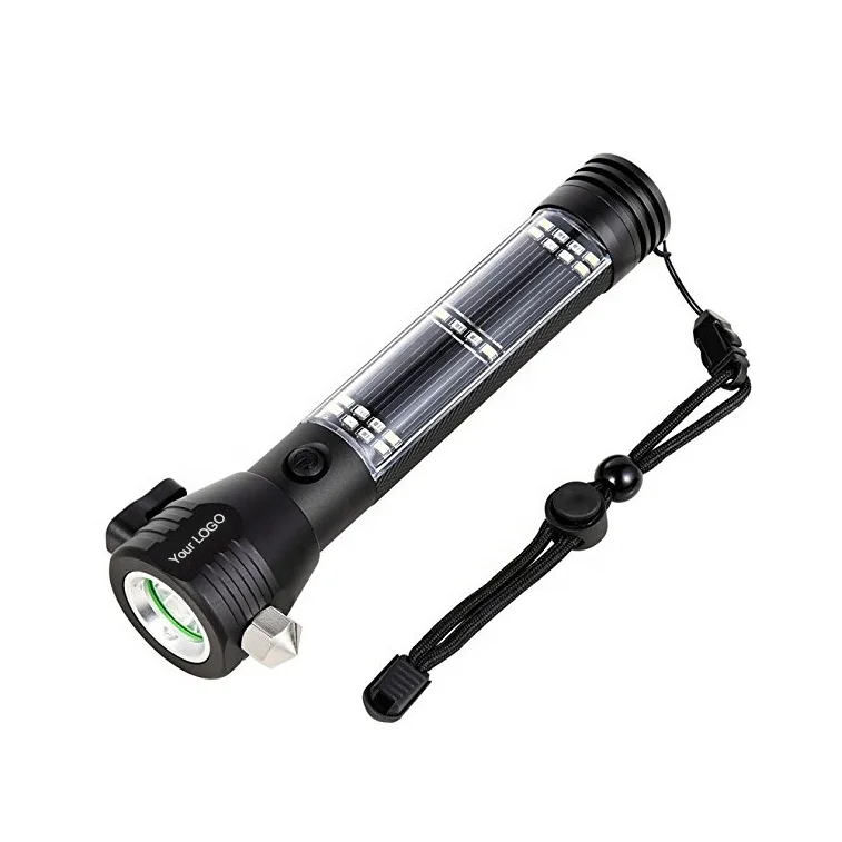 T09 Solar Flashlight Car Flashlight Emergency Tool USB Rechargeable Tactical Multi-Function Torch Flashlight With Window Breaker