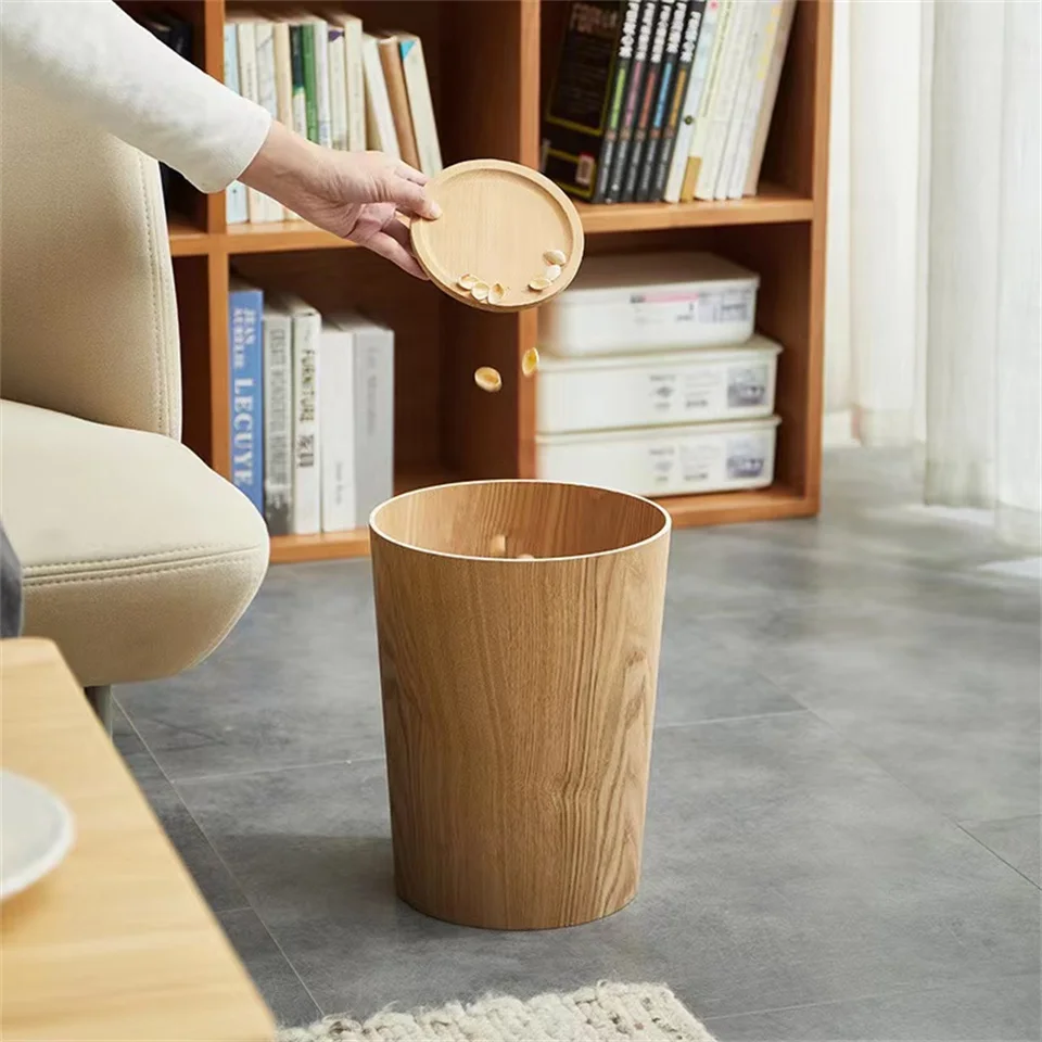 Wholesale Waste  Bins Wooden Trash Can Cylindrical Recycling Bin Rubbish Trash  container for Office Study Bathroom Living Room