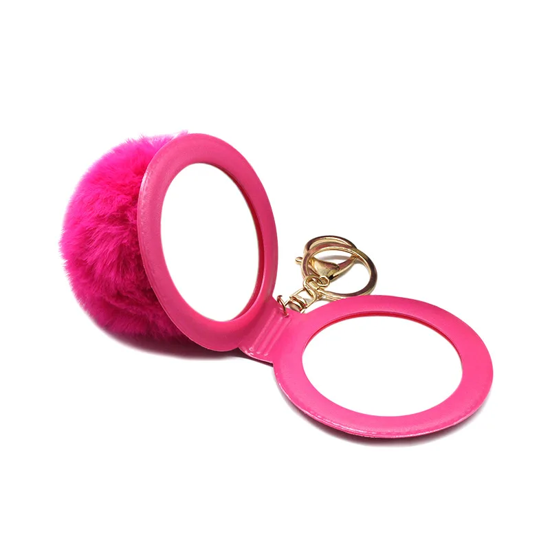 Cute hair ball keychain PU leather small mirror phone pendant hot sale Rex Rabbit Hair ball mirror keychain