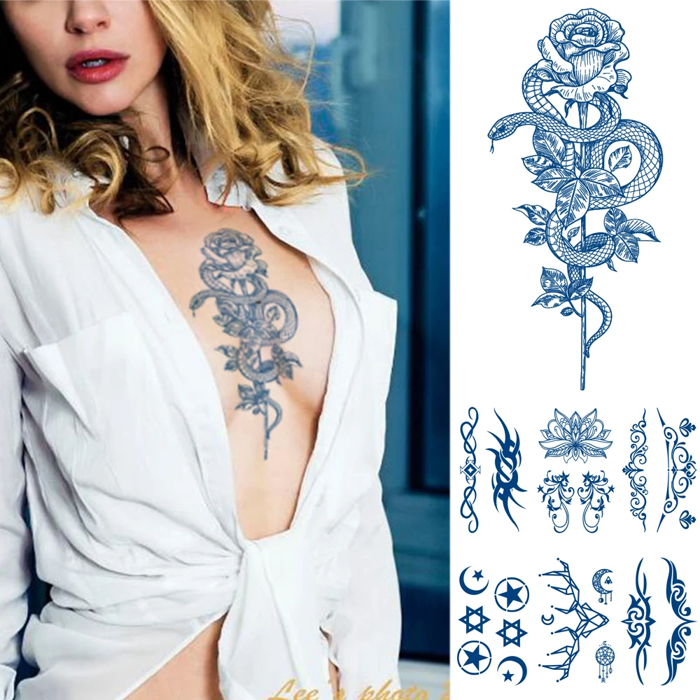 
 Semi-Permanent Classic Premium Temporary Tattoo Waterproof & Long-Lasting 2-3 Weeks,Lifelike Dark Blue Fake Tattoo Stickers  
