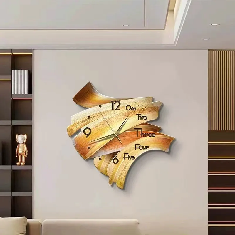 New Trend Modern Abstract green orange uv cutting edge hand-crafted wall home LED with clock decor for living room wall decor