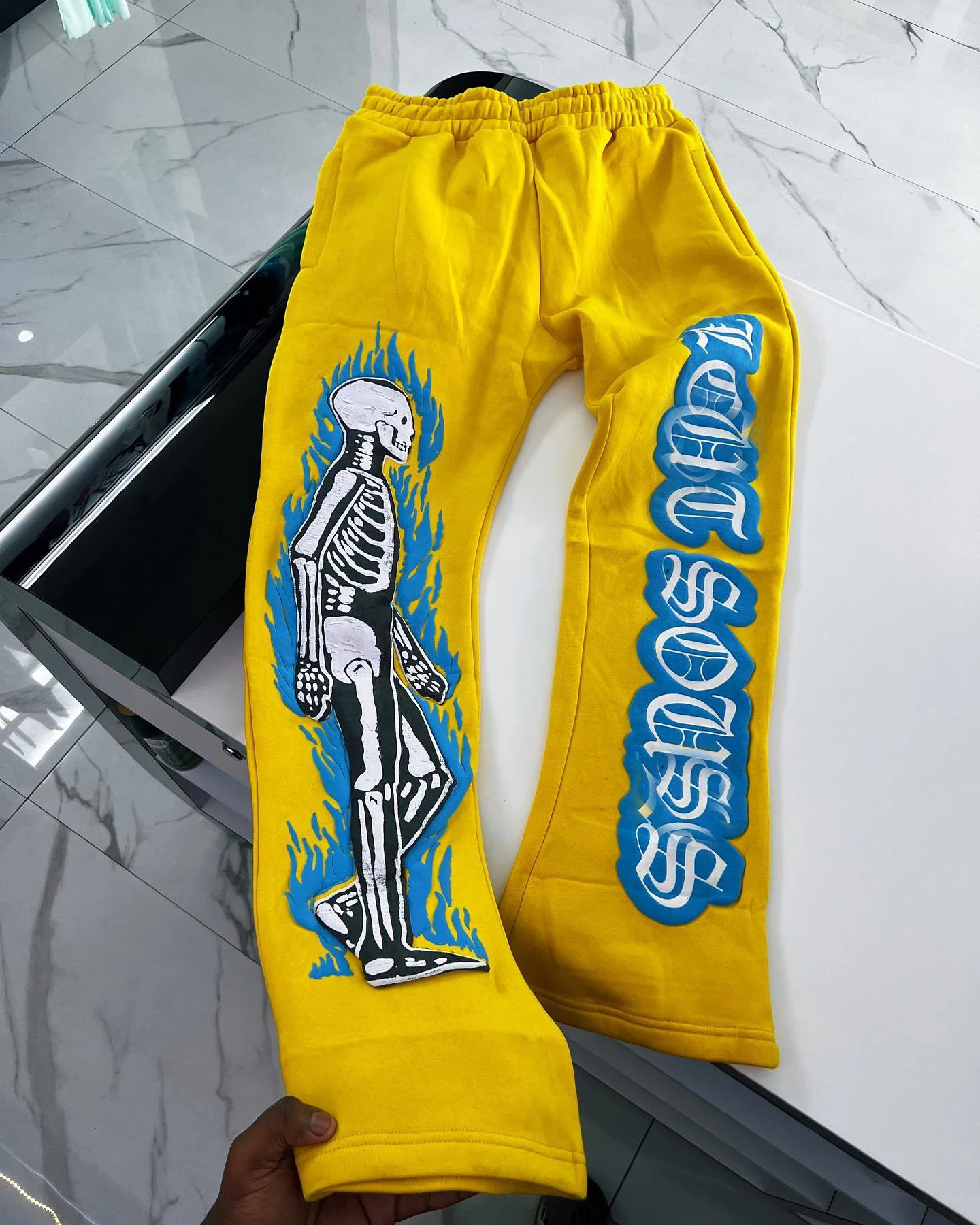 Streetwear Mens Trousers Casual Solid Jogger Sweatpants Custom Skeleton 3D Puff Print Fleece Stacked Flared Pants For Men