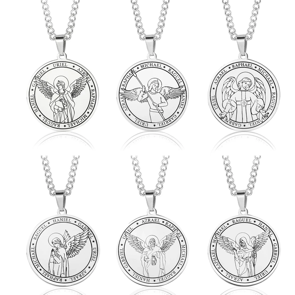 Religious Azrael Gabriel Raphael Uriel Michael Archangel Angel Wing Medal Stainless Steel Pendant Necklace Jewelry