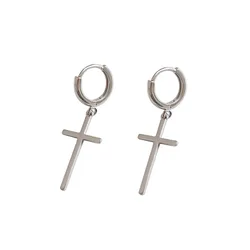 S925 Sterling Silver Fashion Minimalist Temperament Glossy Round Cross Long Earrings