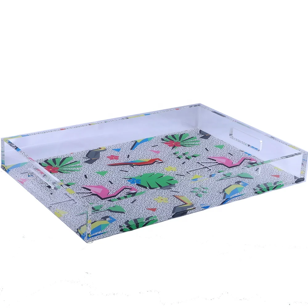 Luxury design large rectangular handled acrylic serving trays with insert promotional