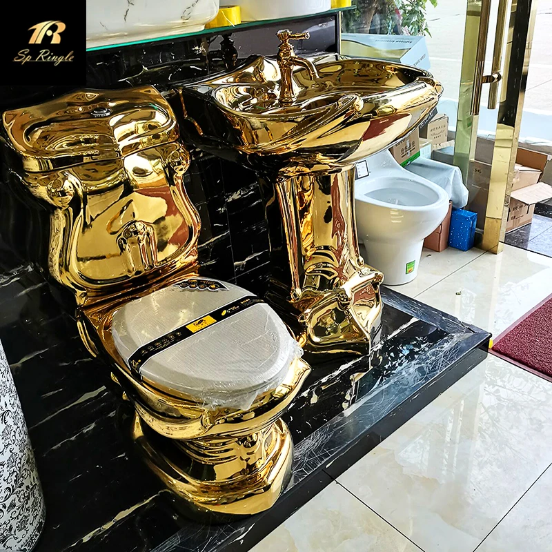 China luxury bathroom not clogged deodorant sanitary ware gold plated ceramic flush two piece