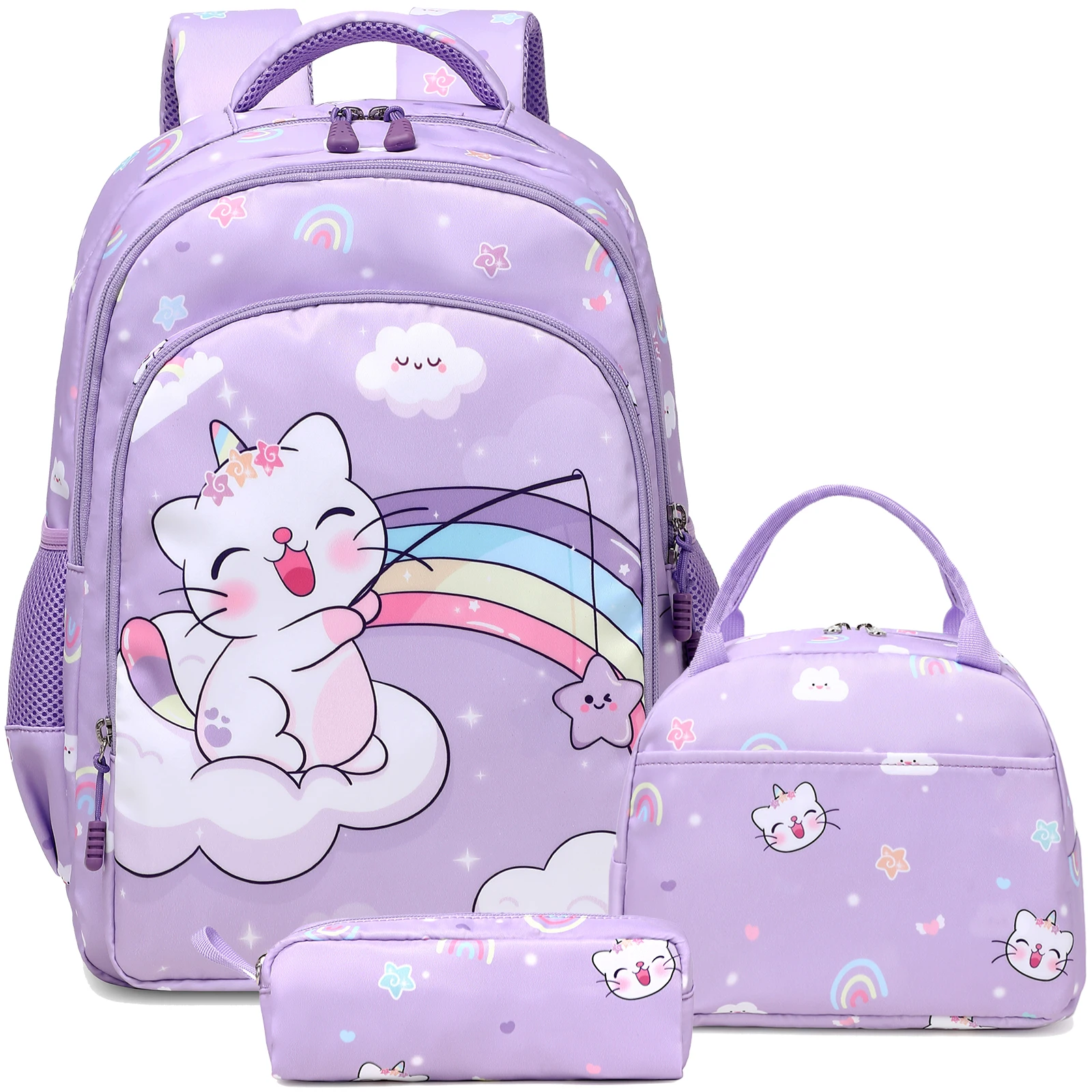 Hot-selling 3-in-1 Cute Cat Pattern Durable Waterproof School Backpack Set for Girls Kids Schoolbags Daily Use Book Bags
